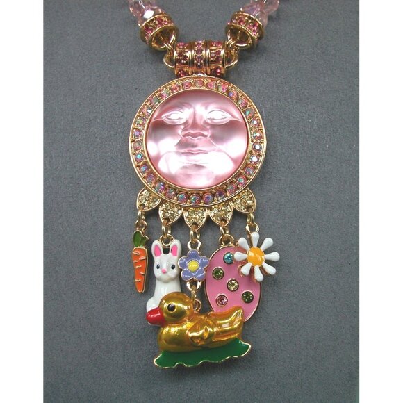 Kirks Folly Pink Moon Face Necklace With Charms & Crystal Beads - Picture 2 of 6